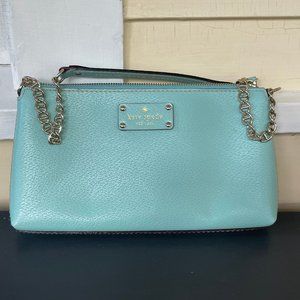 Kate Spade small leather handbag, celeste/aqua with gold chain